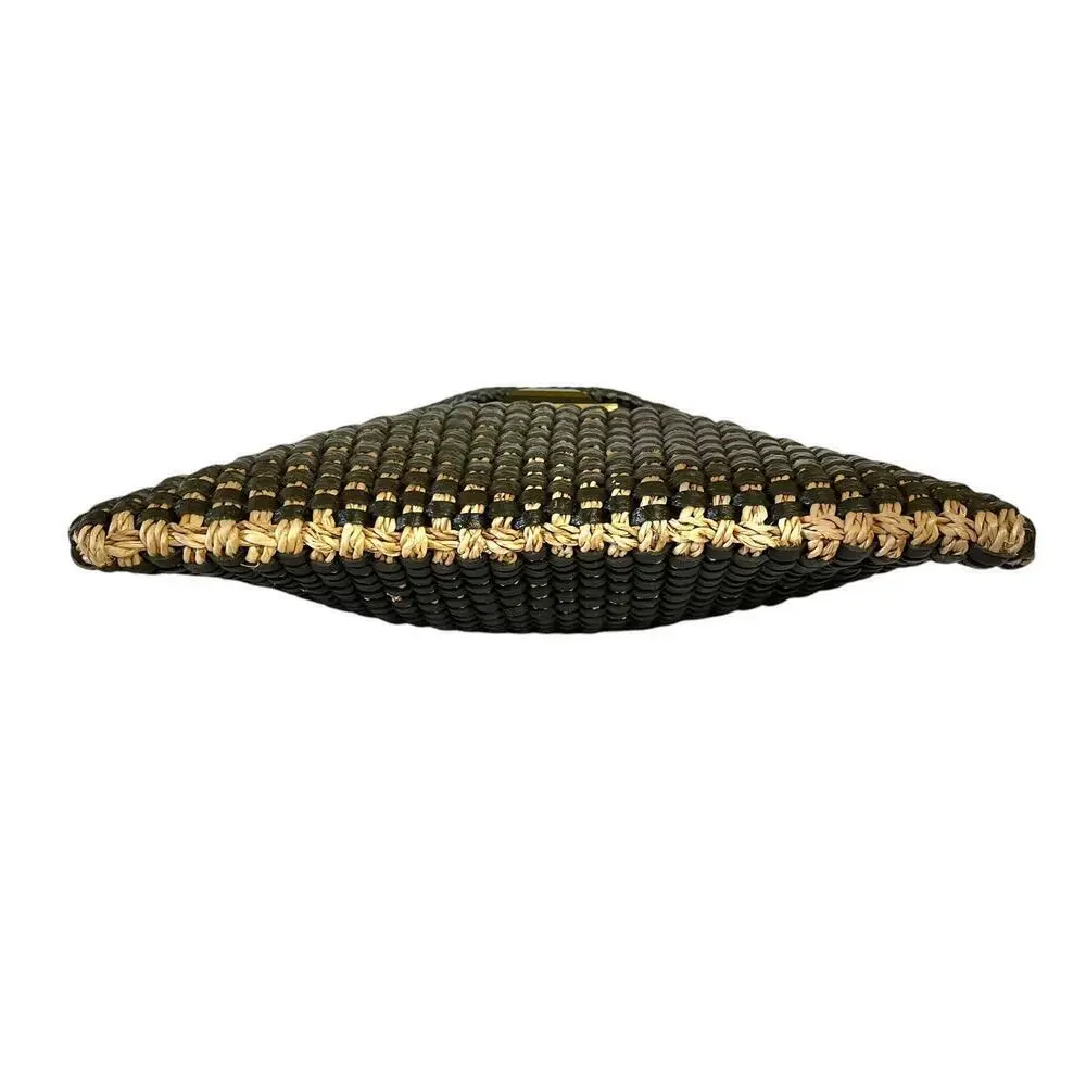 Kara Ross NY Woven Straw Black Leather Onyx Embellished Envelope Clutch Handbag